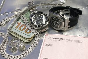 Luxury watches, diamond jewelry, and cash with a Diamonds by Raymond Lee check, showcasing premium value buys under $500.